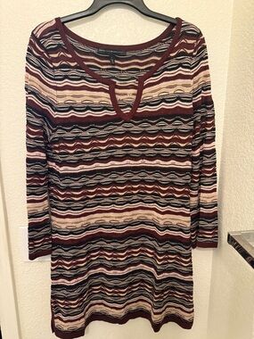 White House Black Market Burgundy, Cream & Black Striped Long Sleeve Dress
